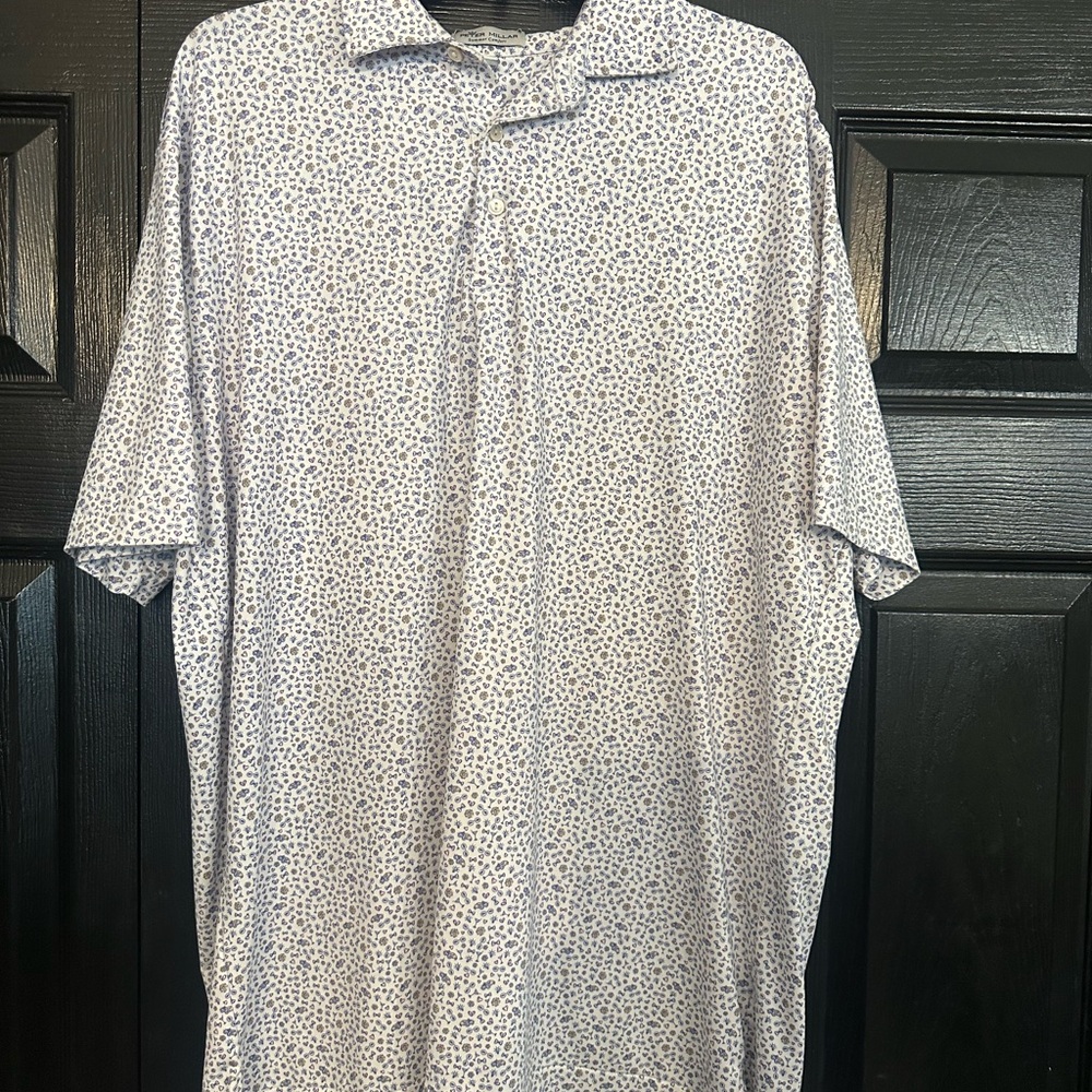 Peter Millar Large Men's White and Blue Patterned Polo